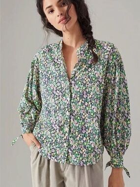 Anthropologie Maeve Ashleigh Puff-Sleeved Button Down Floral Top Blouse Size SP